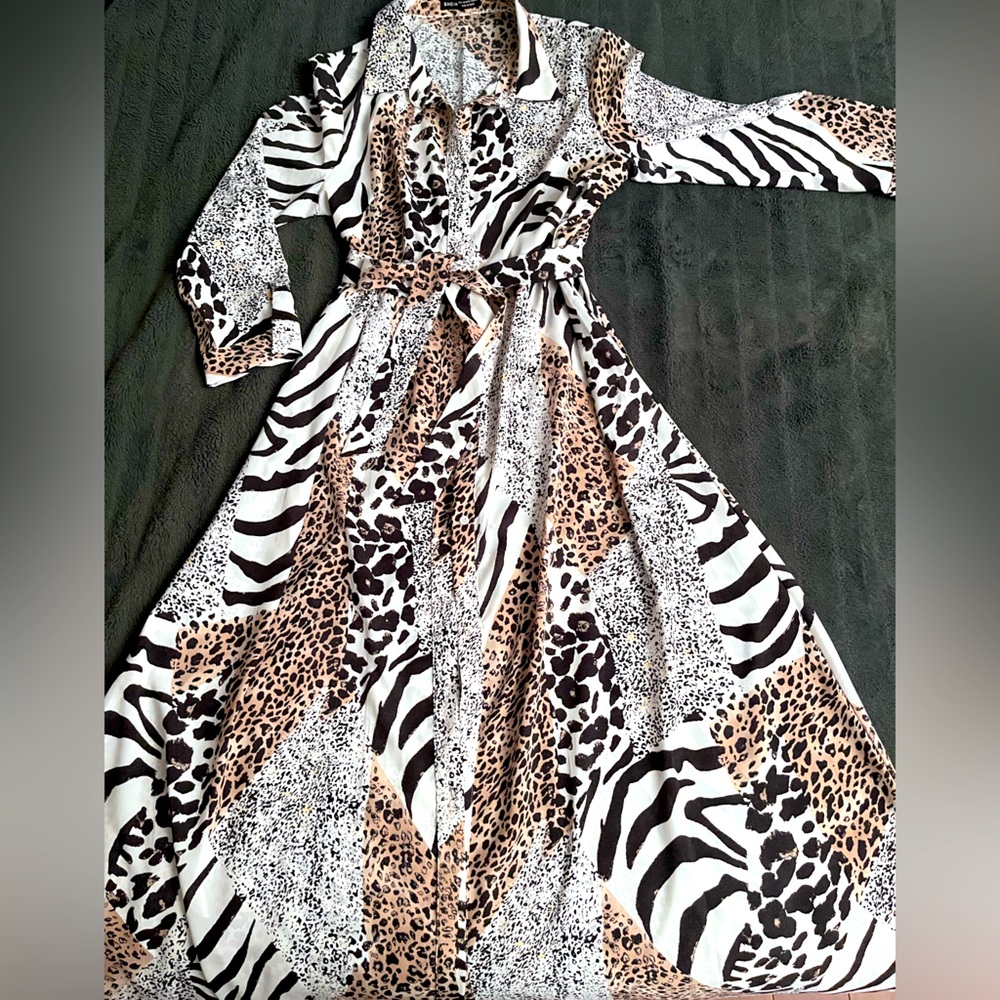 SHEIN Classic Belted Maxi Shirt Dress in Mixed Animal Print